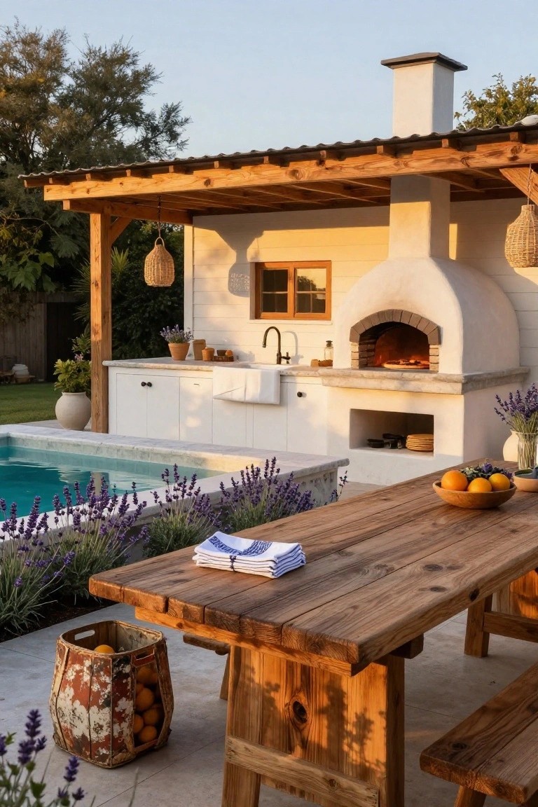 Outdoor kitchen with curved white wood-fired pizza oven, farmhouse sink on white cabinets, next to turquoise pool edged in lavender plants, wooden picnic table with blue napkins and oranges.