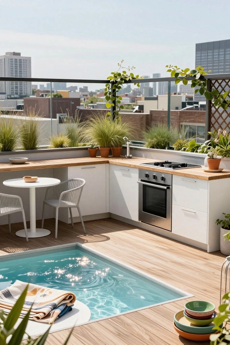 Rooftop terrace with modern outdoor kitchen featuring white cabinets, wooden countertops, gas cooktop, oven, small round table with chairs, adjacent to turquoise plunge pool with towels, potted plants, and city skyline view.