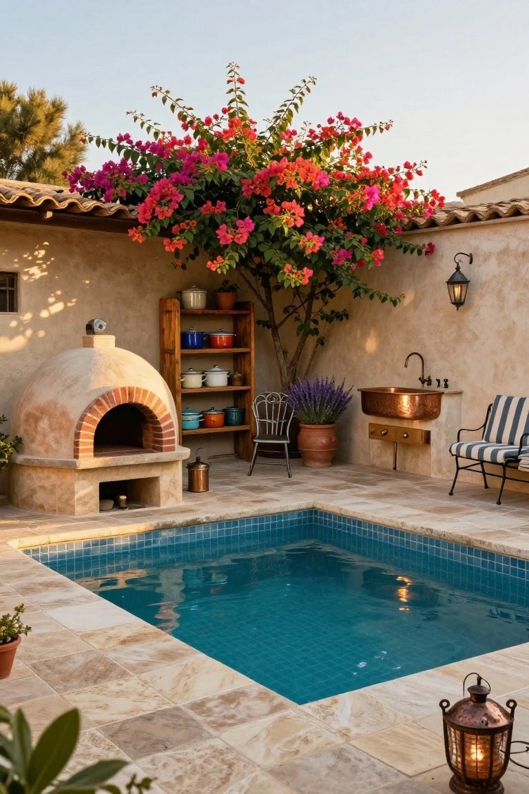 Outdoor corner kitchen with domed clay pizza oven on stone base, wooden shelves holding colorful pots, copper sink basin, potted lavender, small square blue-tiled pool, tiled patio, and pink bougainvillea vine on beige walls.