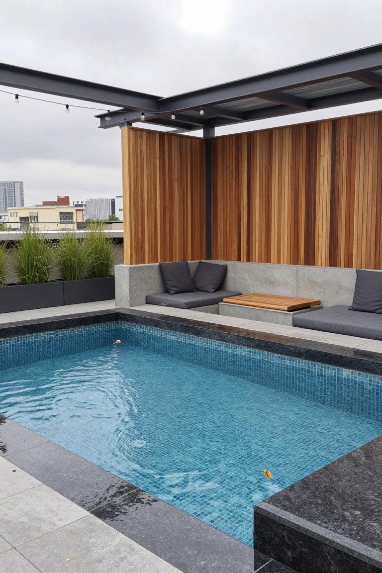 Rooftop pool with blue mosaic tiles and black granite coping, adjacent concrete bench seating with gray cushions and wooden side table, flanked by wooden slat privacy screen and potted grasses under a metal pergola with string lights.