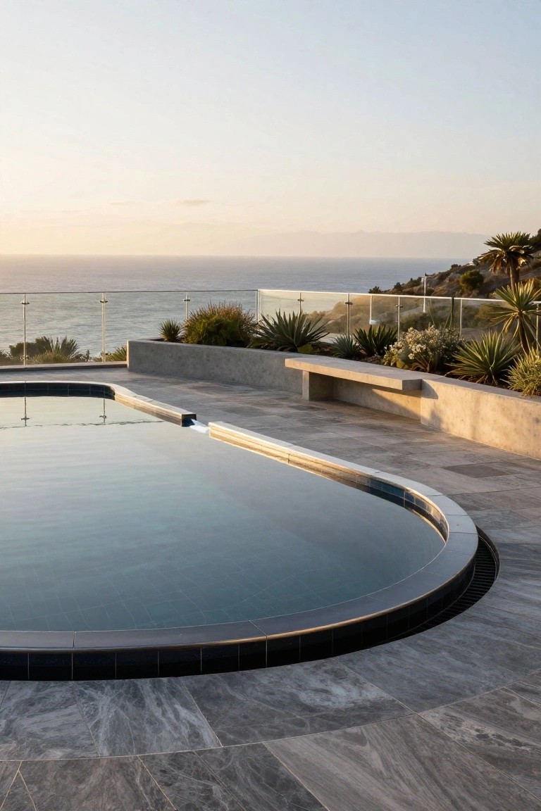 Curved infinity-edge swimming pool with dark bullnose tile coping and gray marbled porcelain deck tiles, concrete bench planter with agave plants, glass railing overlooking ocean at sunset.