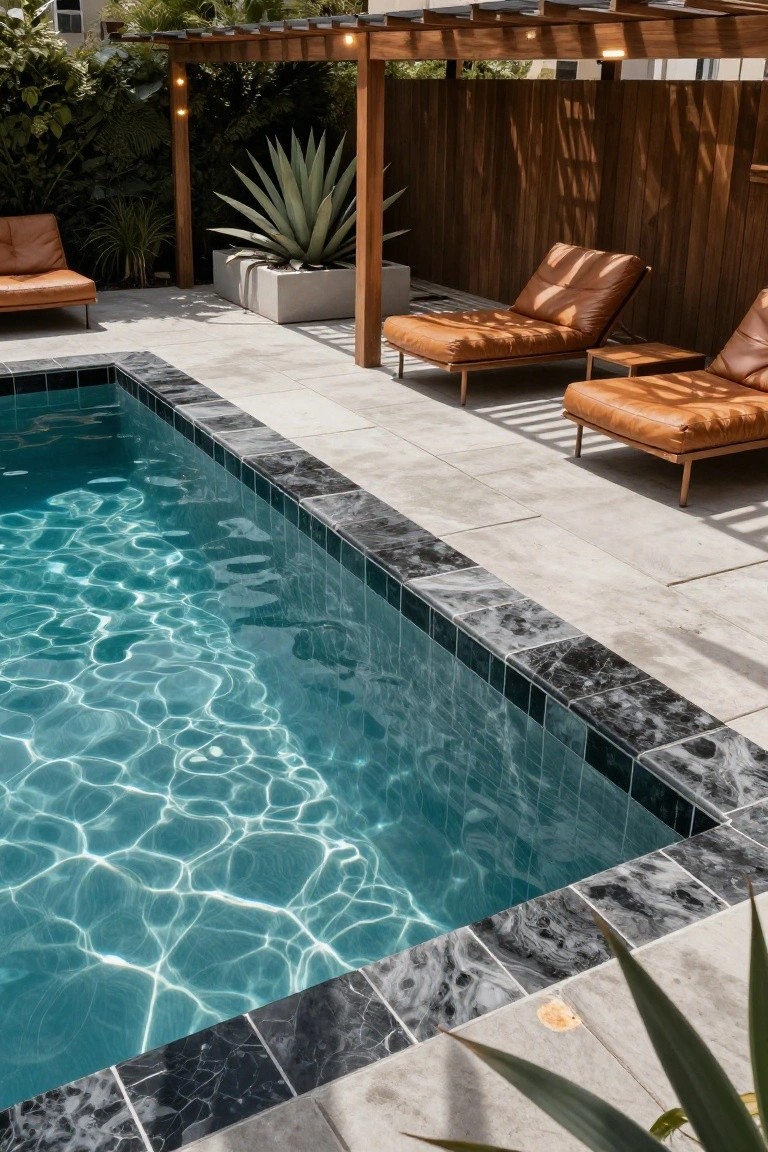 Rectangular pool with black marbled coping tiles edged against light gray pavers, wooden pergola overhead, orange leather loungers, potted agave plants, and tropical greenery in a backyard.