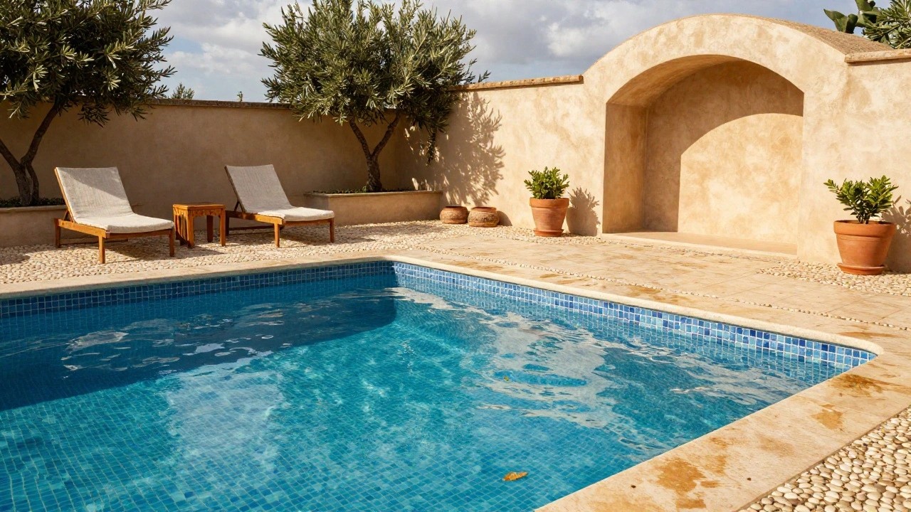 Poolside area featuring blue mosaic tiled pool with warm terracotta stone coping, wooden lounge chairs on a pebble patio, potted plants, climbing white flowers on a stucco wall, and olive trees in the background.