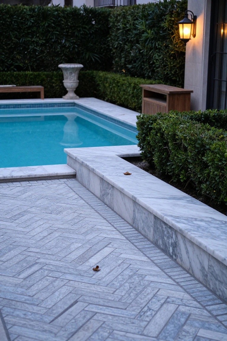 Close view of a turquoise lap pool with thick white marble coping along the edge, gray herringbone-patterned tile decking, green boxwood hedges, a stone urn, wooden bench, and part of a stucco house wall in the background.