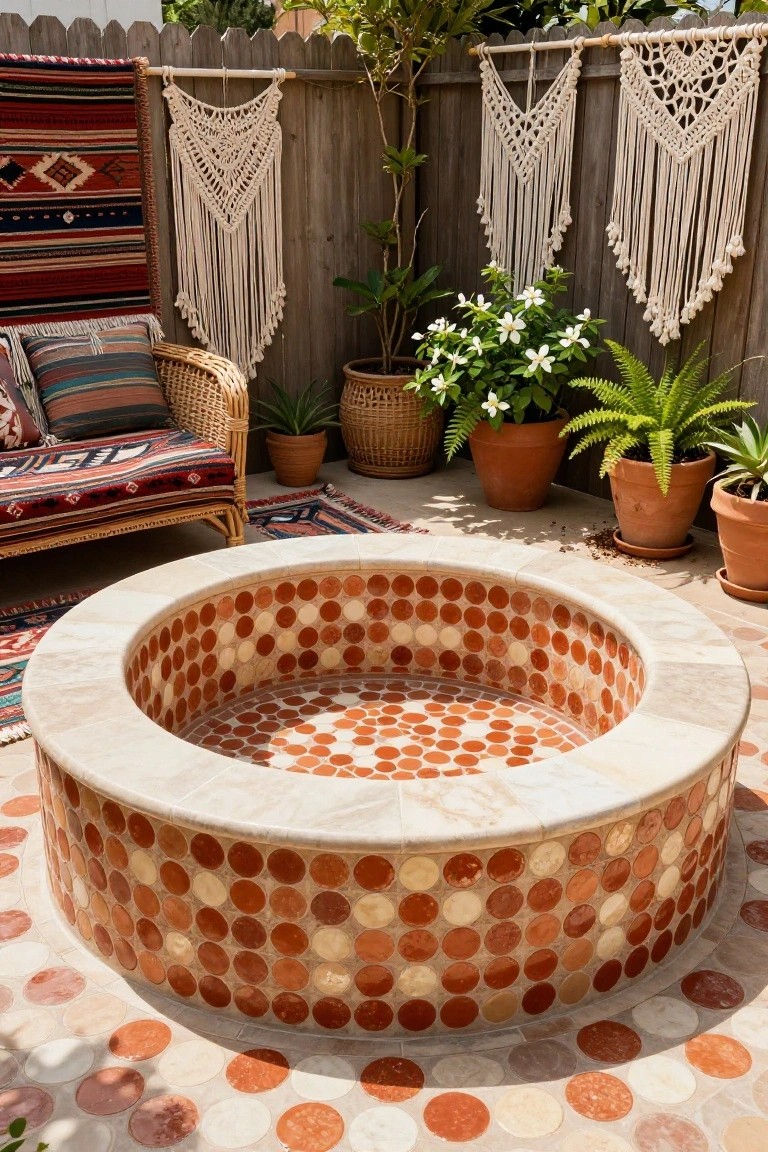 Circular outdoor fire pit with orange and cream dot mosaic tiles inside a light stone rim, on a tiled patio surrounded by potted plants, wicker seating, woven rugs, and macrame hangings on a wooden fence.