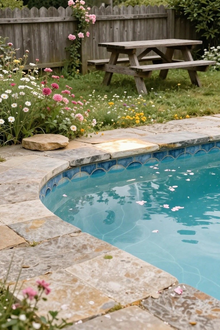 Close view of a backyard pool edge with beige stone coping slabs, blue scalloped tiles, floating pink petals in turquoise water, garden flowers, a rock, and wooden picnic table beyond a wooden fence.