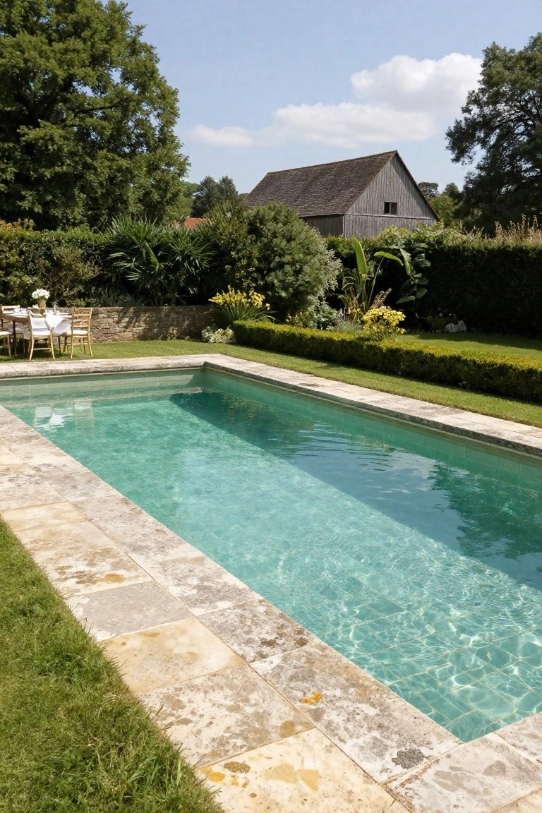 Rectangular pool with light beige textured stone coping and surround, adjacent grass lawn, hedges, potted plants, outdoor table with chairs, and wooden barn building in the background.