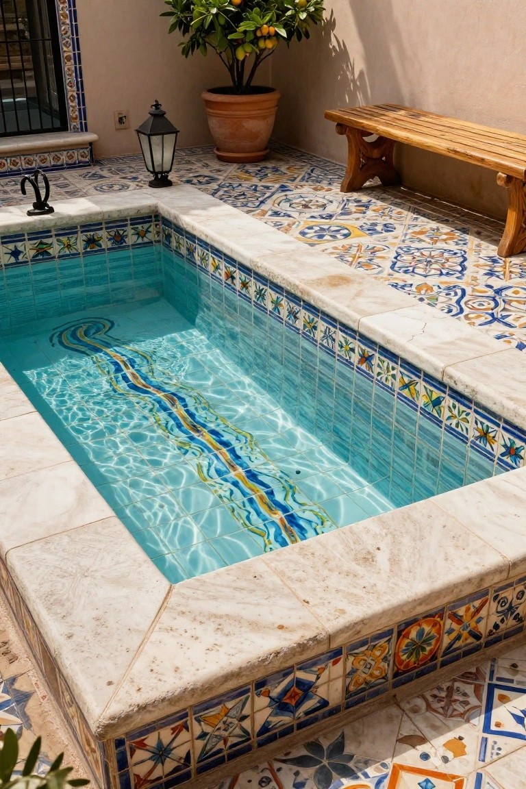 Small rectangular turquoise pool with wavy multicolored mosaic design on the bottom, surrounded by ornate blue, yellow, and white ceramic tiles on walls and beige travertine coping on edges, in a courtyard with wooden bench, terracotta potted citrus tree, black metal lantern, and matching patterned tile floor.