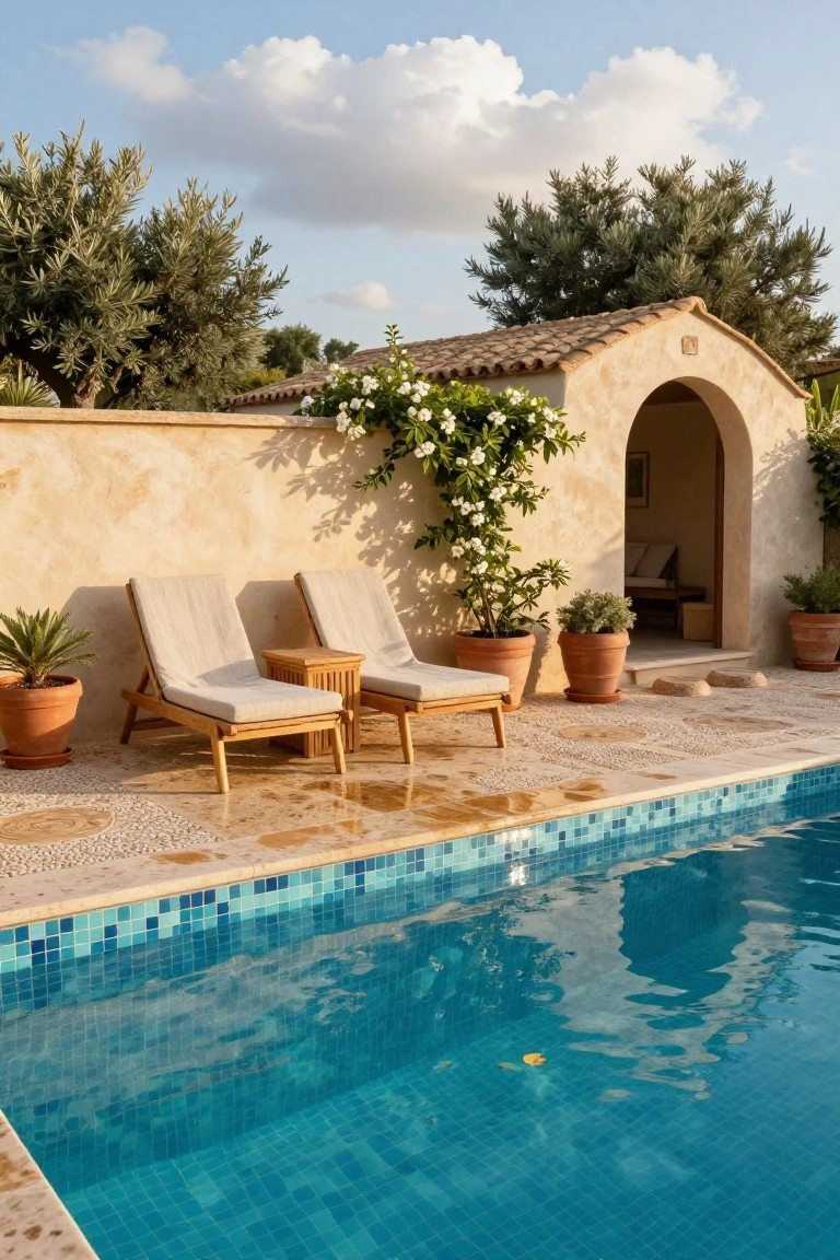 Poolside area featuring blue mosaic tiled pool with warm terracotta stone coping, wooden lounge chairs on a pebble patio, potted plants, climbing white flowers on a stucco wall, and olive trees in the background.