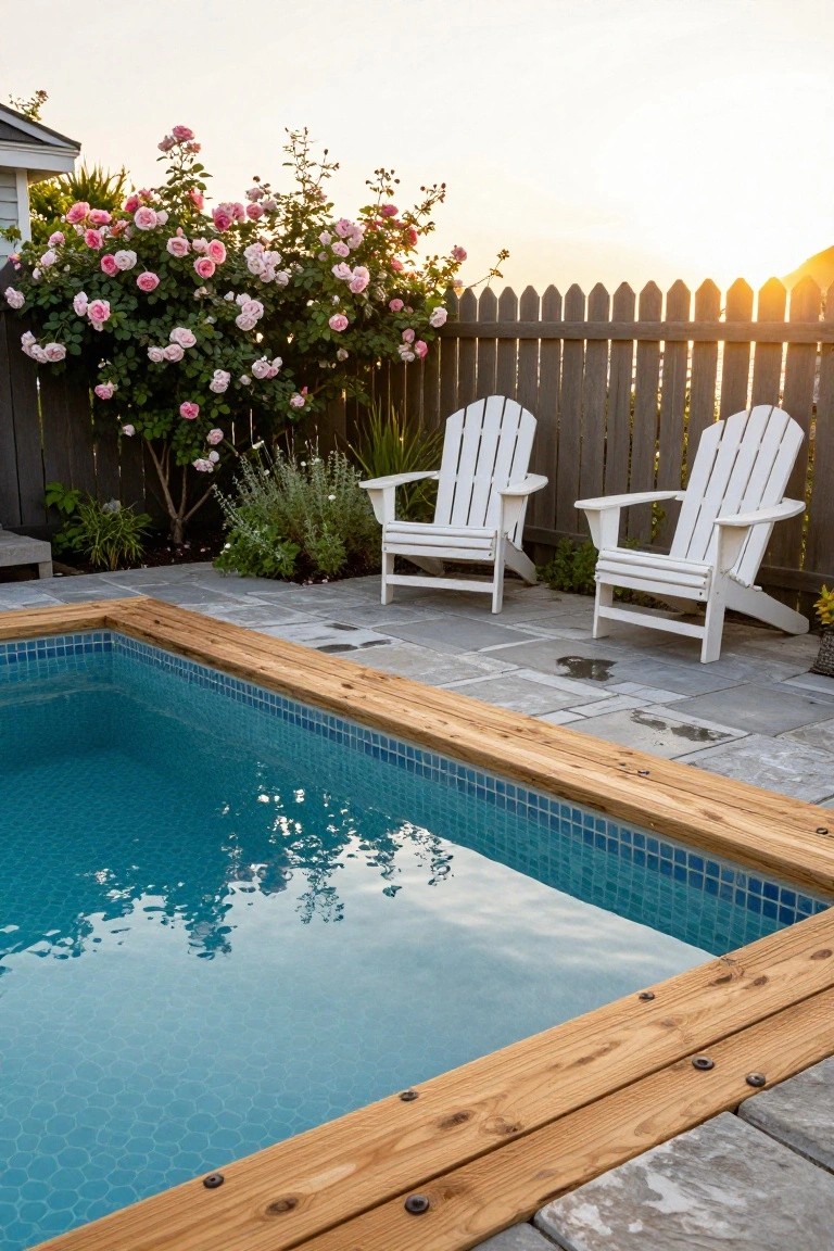 Small rectangular pool with turquoise mosaic tiles and light wooden coping edge, two white Adirondack chairs on gray stone pavers nearby, pink rose bushes against a dark picket fence, at sunset.