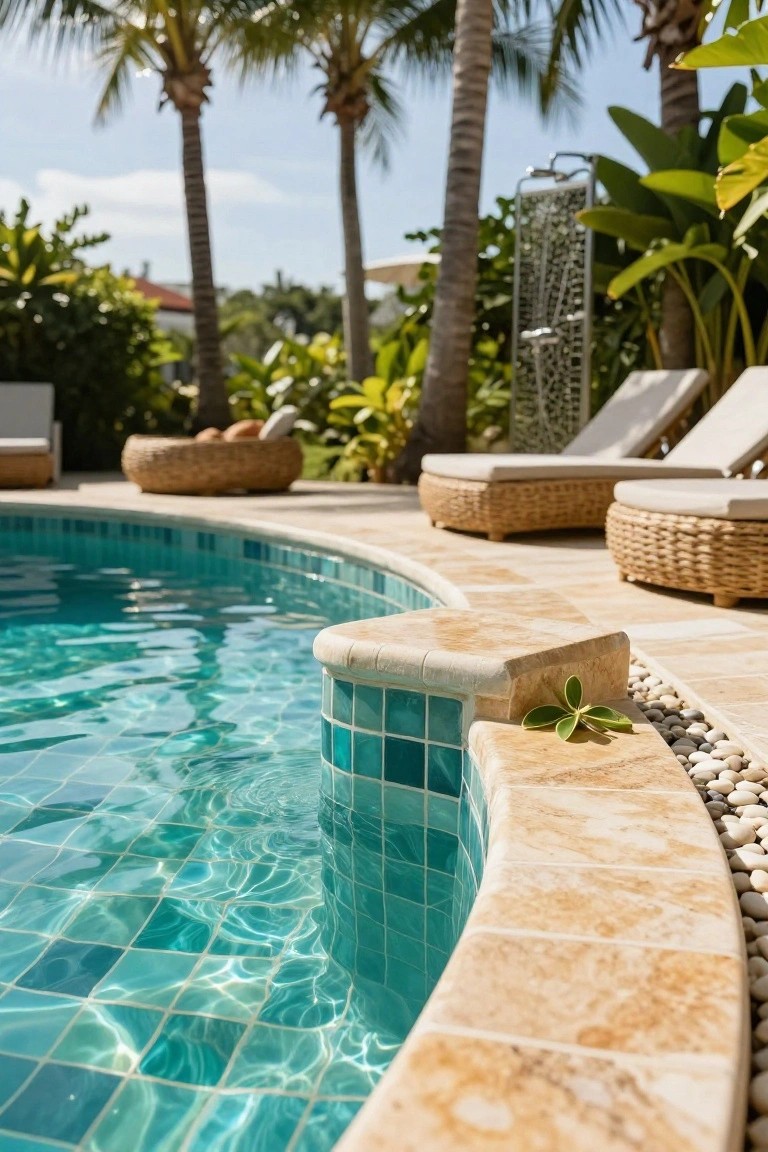 Close-up of a curved turquoise mosaic-tiled pool edge topped with beige travertine coping, a green leaf and pebbles nearby, lounge chairs and palm trees in the background.