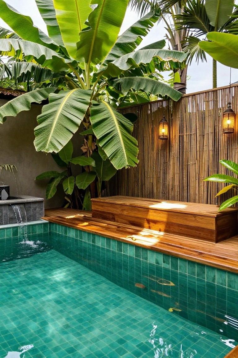 A small rectangular pool with turquoise mosaic tiles and wooden decking along one side, including a built-in bench, surrounded by banana plants, bamboo fencing, and hanging lanterns.