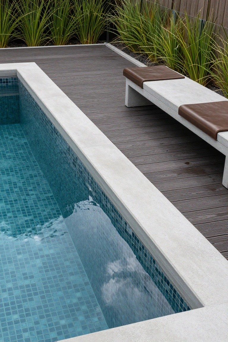 Close-up of a rectangular swimming pool with turquoise mosaic tiles, white concrete coping along the edge, dark wood decking nearby, a long concrete bench with brown leather cushions, and tall green grasses in the background.
