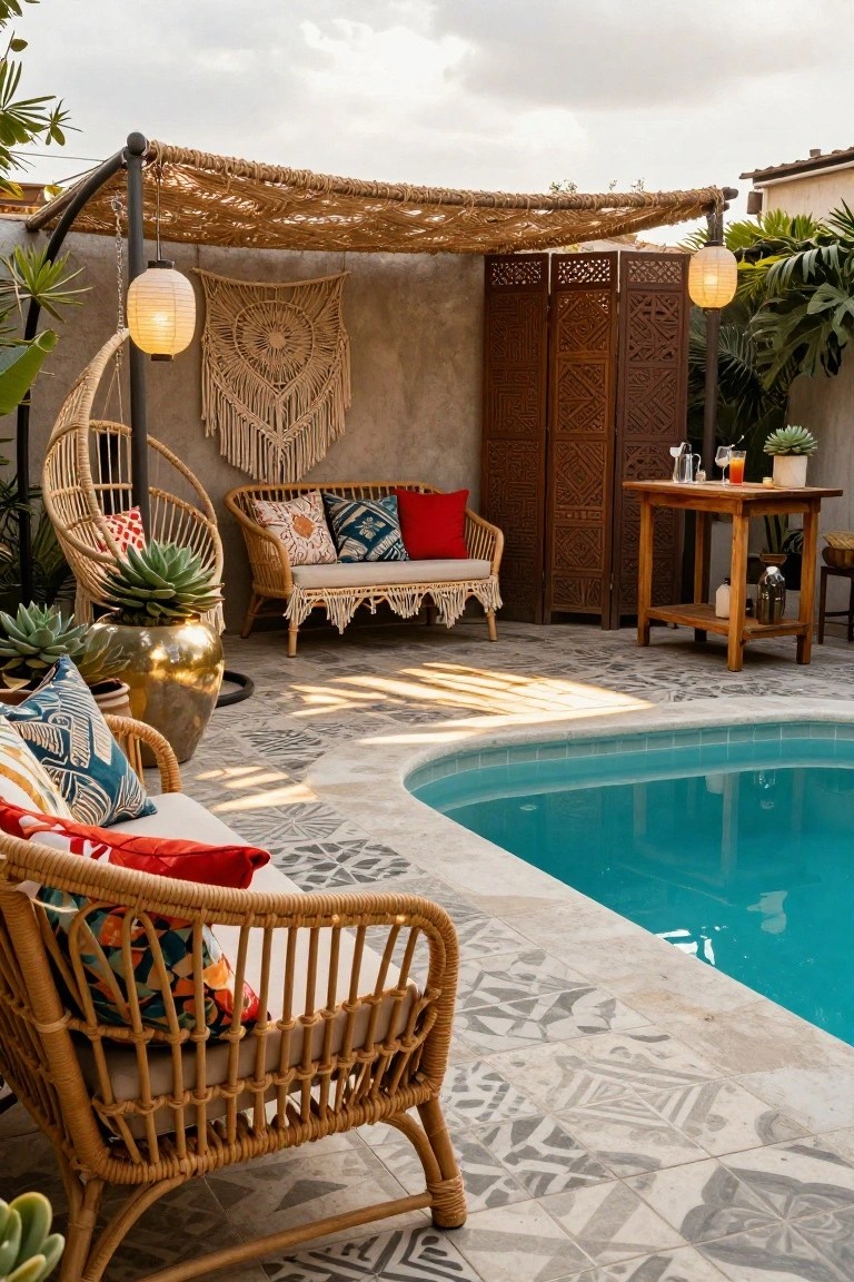 Semi-inground turquoise pool with curved edge on patterned gray tile deck, surrounded by rattan chairs with colorful cushions, woven pergola shade structure with hanging paper lanterns, macrame wall hanging, potted succulents, and wooden room dividers.