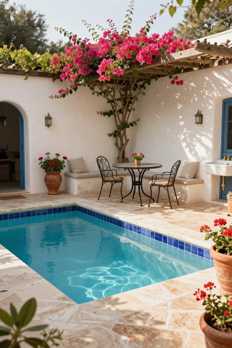 Small semi-inground pool with blue tiled walls and beige stone decking in a white-walled courtyard, round metal table with two black wrought iron chairs nearby, potted red flowers, climbing pink bougainvillea on pergola, and arched blue doors.