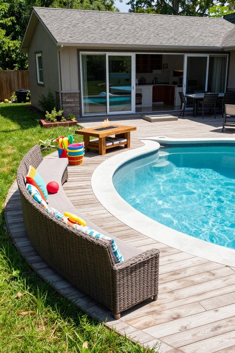 Curved wicker bench with multicolored cushions on a wooden deck beside a kidney-shaped semi-inground pool, with a fire pit table, pool toys, and house visible in the background.