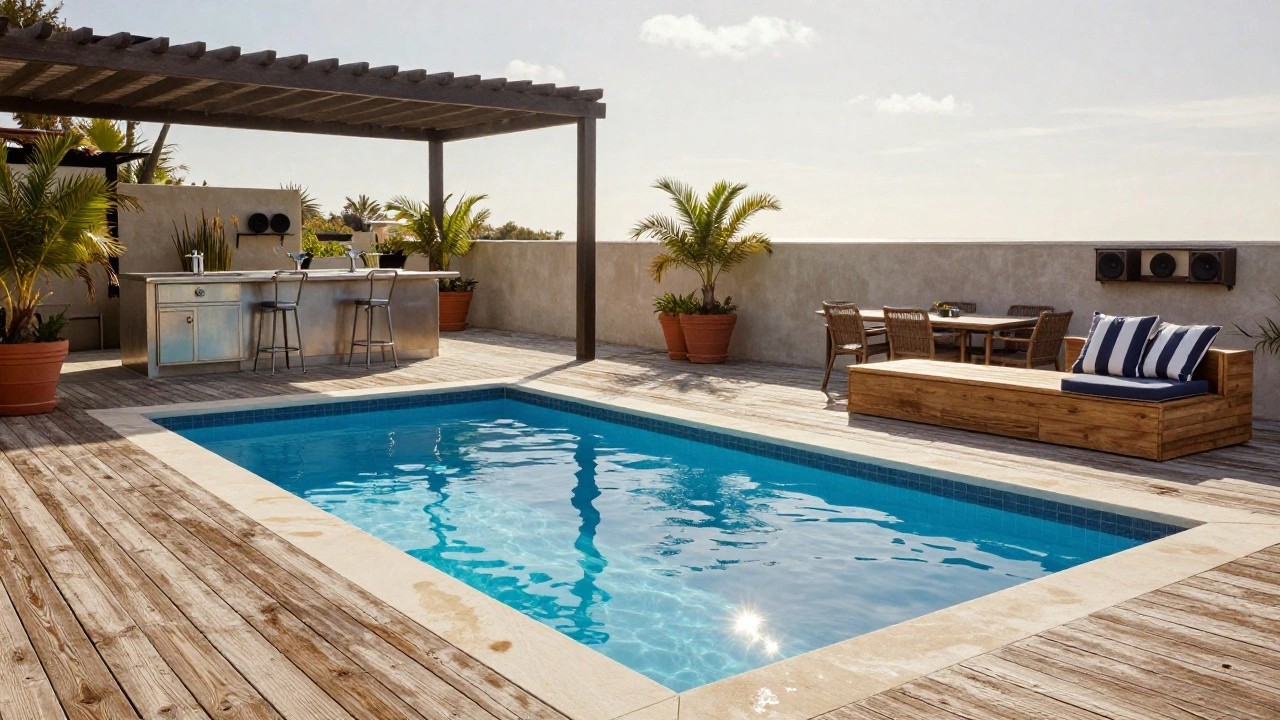 Wooden deck surrounding a blue-tiled semi-inground pool with edge-mounted lounge cushions, adjacent stainless steel bar counter and stools, rattan dining table and chairs, potted plants, and a slatted pergola overhead.