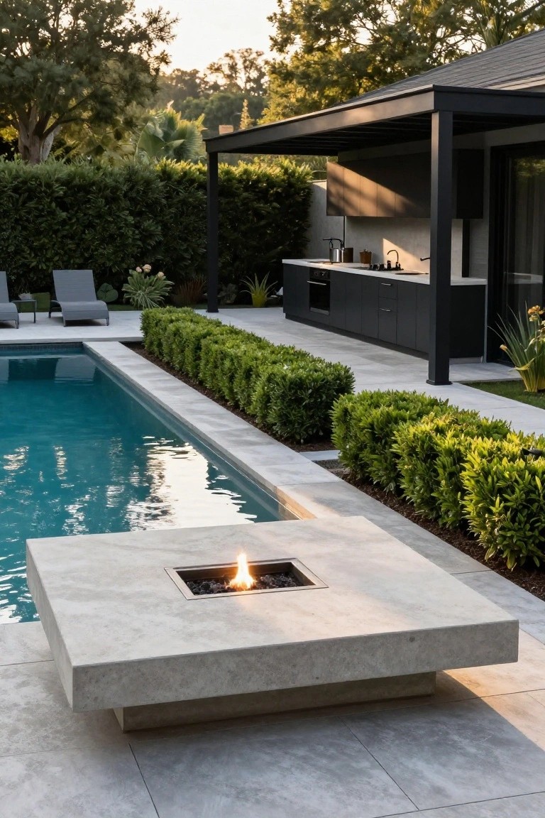 Square travertine fire pit with flames at the edge of a turquoise semi-inground pool on gray tiled decking, bordered by boxwood hedges and an outdoor kitchen pavilion in the background.