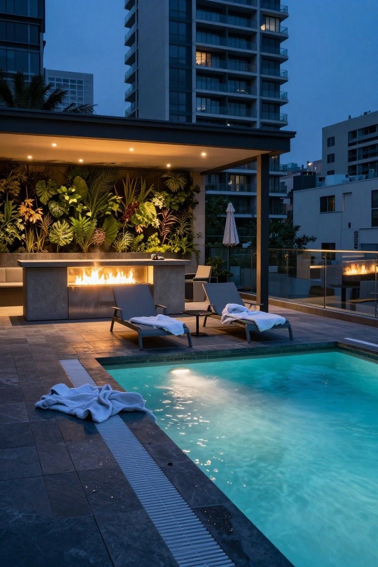 Rooftop terrace at dusk with a rectangular stone table containing a linear gas fire pit positioned next to a turquoise semi-inground pool edged in dark tiles, two lounge chairs with white towels nearby, lush green plant wall backdrop, and surrounding high-rise buildings.