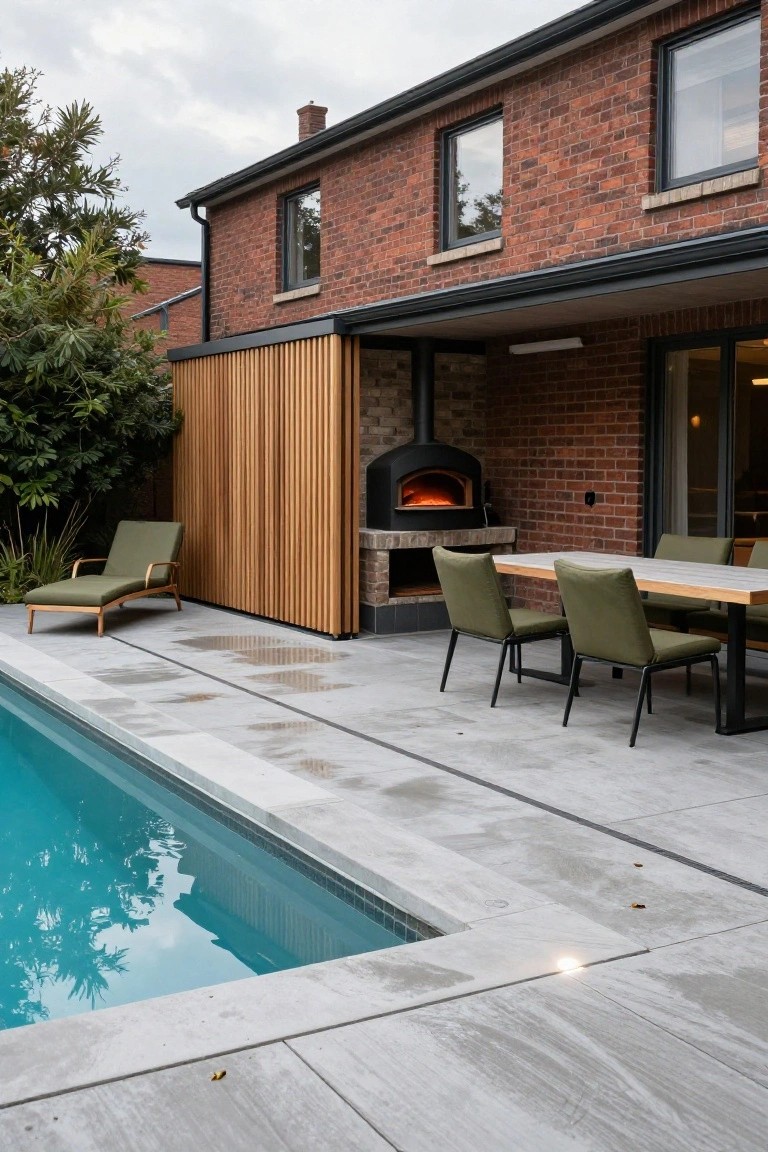 Semi-inground pool with gray concrete decking adjacent to a wood-fired pizza oven built into a brick structure, wooden slat privacy screen, green lounge chair, and dining table with green chairs, brick house wall in background.