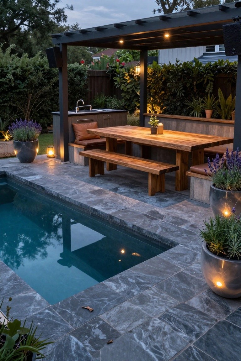 Semi-inground pool with gray slate deck tiles next to a black pergola covering a wooden dining table and benches, an outdoor kitchen counter, potted plants, and lanterns in a backyard at dusk.