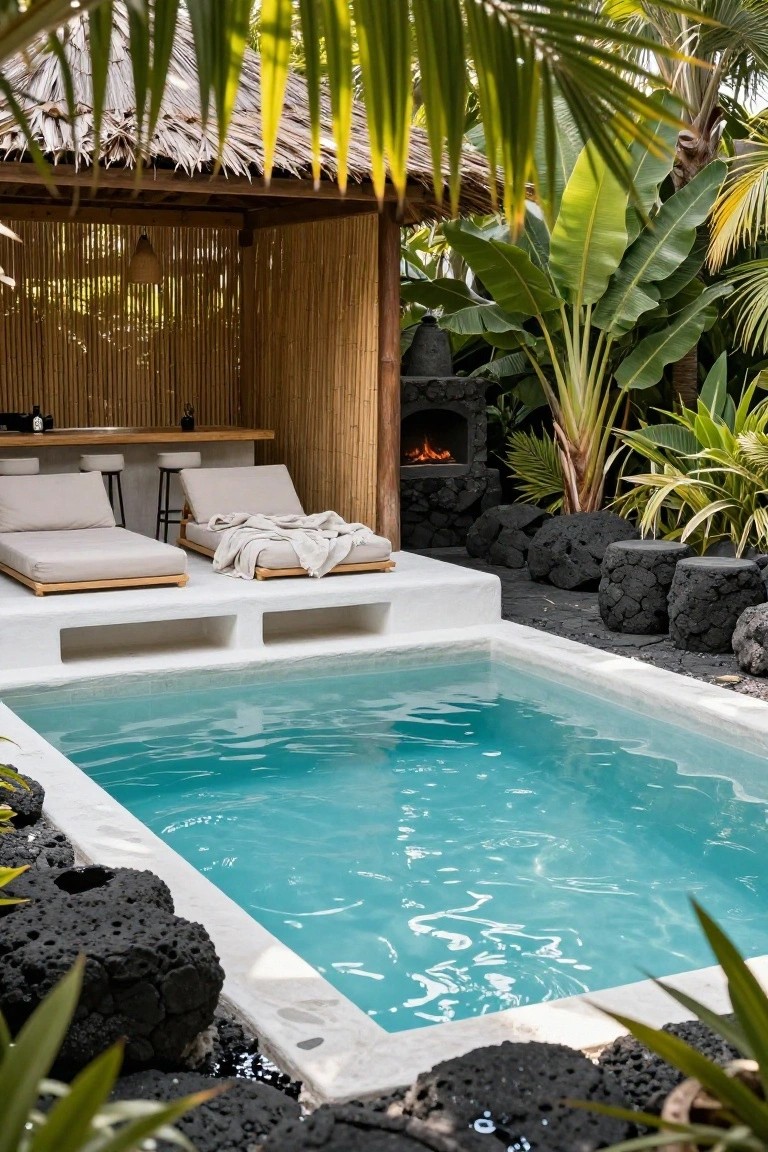 Semi-inground turquoise pool with white deck edge holding a bamboo-enclosed bar with stools, two beige loungers, nearby fire pit, lava rock accents, and tropical plants.