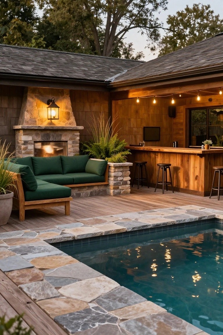 Semi-inground pool with flagstone surround and wooden deck, featuring a wooden bar counter with three stools, green L-shaped outdoor sofa by a stone fireplace, potted plants, and string lights under a covered wooden structure.