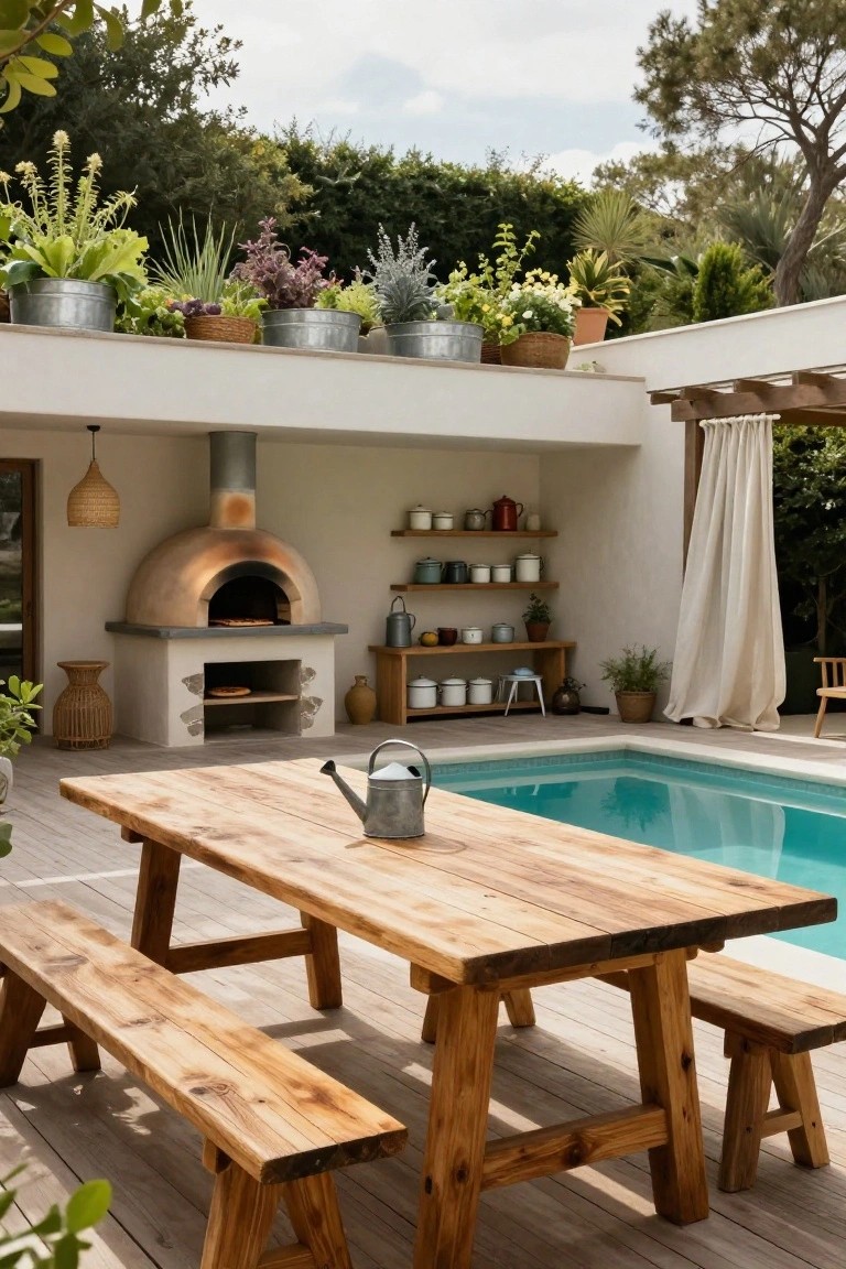 Wooden trestle table and benches on a deck beside a turquoise rectangular semi-inground pool, with a domed stone pizza oven, metal watering can on the table, potted plants, and greenery surrounding the area.
