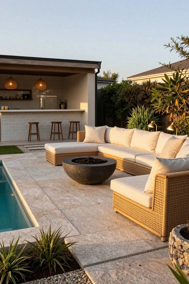 Beige rattan L-shaped outdoor sofa arranged around a large black stone fire pit on a light travertine pool deck next to a turquoise semi-inground pool, with an outdoor kitchen bar and plants in the background.