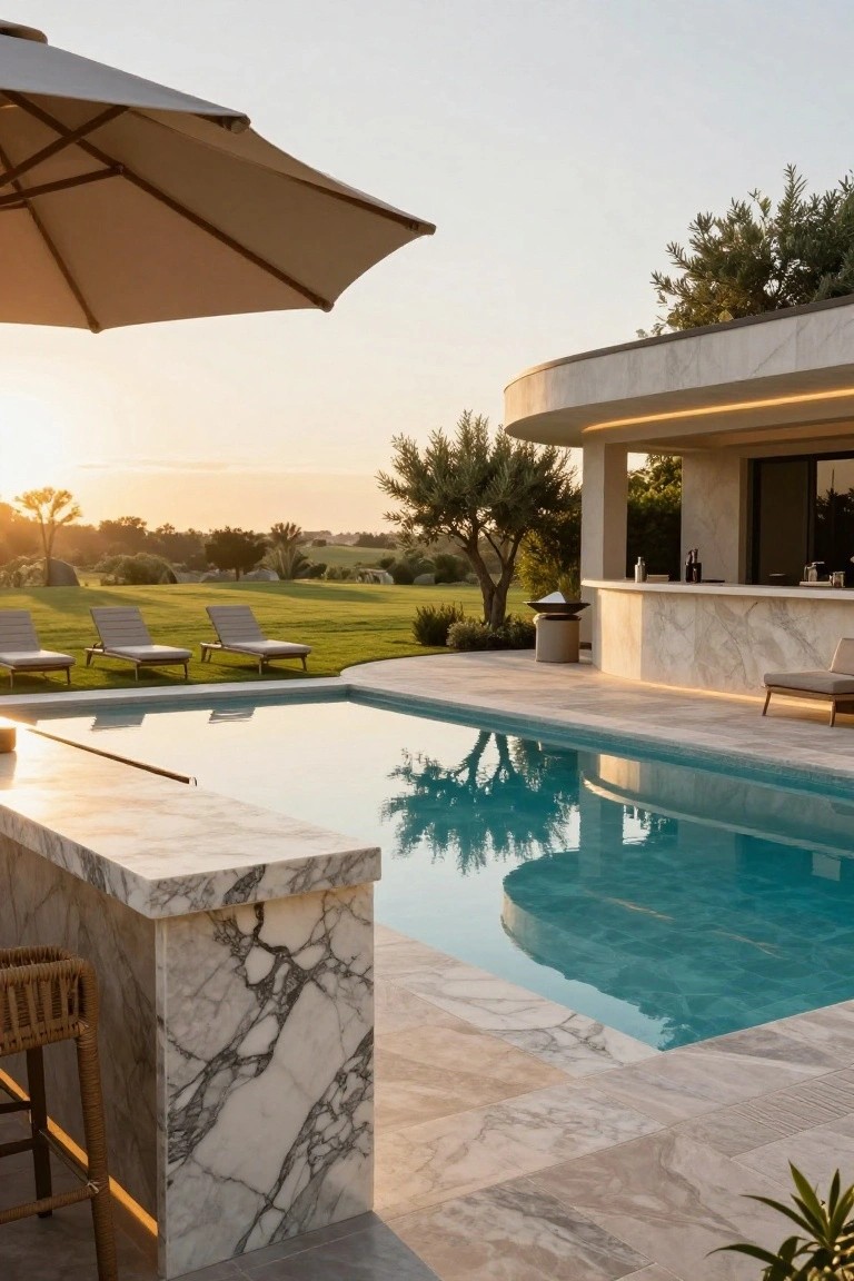 Curved white marble bar counter extending over the edge of a turquoise semi-inground pool, with rattan bar stools, travertine decking, lounge chairs on adjacent grass, and a modern curved outdoor bar structure at sunset.