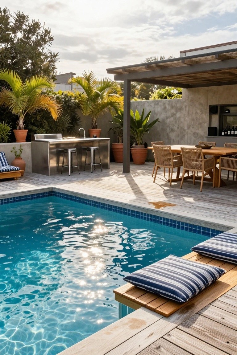 Wooden deck surrounding a blue-tiled semi-inground pool with edge-mounted lounge cushions, adjacent stainless steel bar counter and stools, rattan dining table and chairs, potted plants, and a slatted pergola overhead.