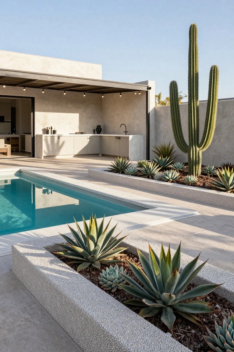 Semi-inground turquoise pool surrounded by white pebble-textured concrete raised planters filled with agave succulents, adjacent to an outdoor kitchen under a covered patio with string lights, tall cacti in the background, and beige tiled decking.