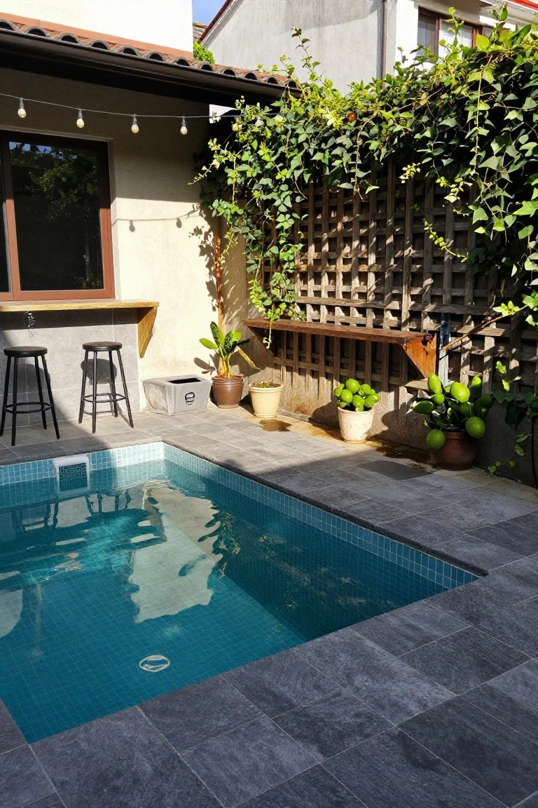 Small turquoise mosaic-tiled semi-inground pool edged by dark gray slate deck tiles, with a wooden bar counter and two black stools nearby, potted plants including lime trees, a vine-covered wooden trellis, and string lights overhead in a sunny backyard patio.