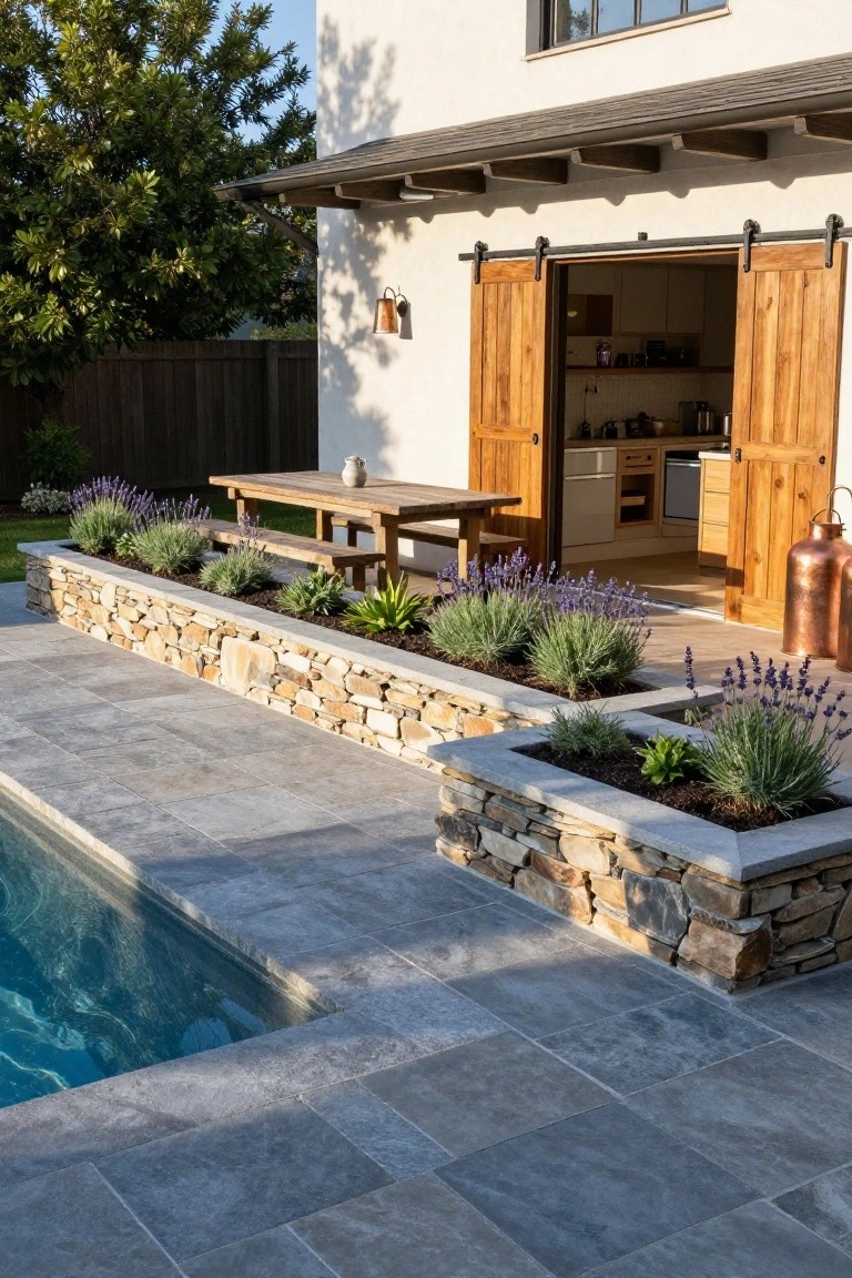 Semi-inground pool with gray stone tile decking bordered by dry-stacked stone retaining walls planted with lavender and grasses, next to an open barn-style kitchen door and wooden picnic table.