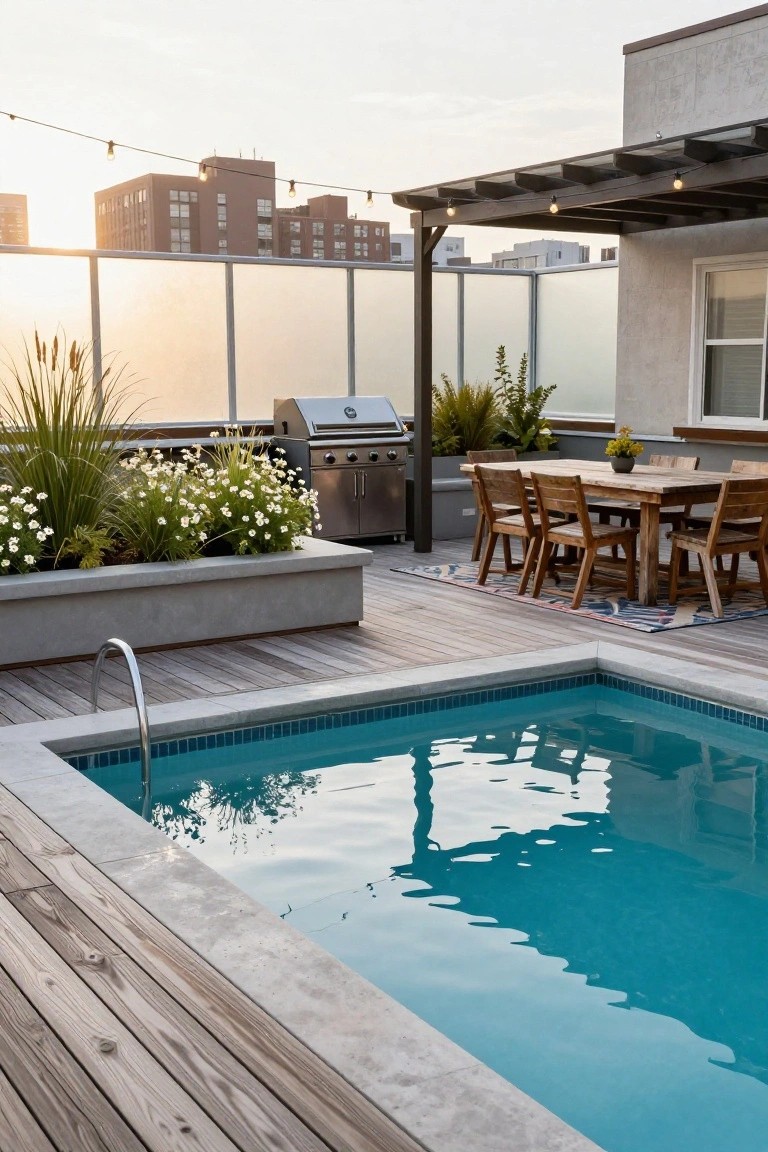 Rooftop terrace with semi-inground pool surrounded by light gray wood decking, wooden dining table and chairs, gas grill under pergola with string lights, potted plants in concrete planters, and frosted glass railing overlooking city buildings at sunset.
