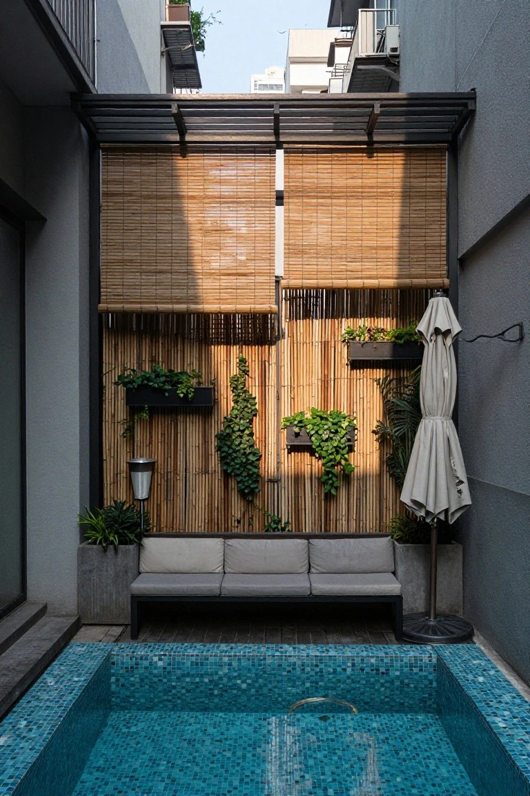 24 Thoughtful Pool Pergola Ideas That Add Style and Shade Small turquoise mosaic-tiled pool in a narrow gray-walled courtyard with bamboo screens on a metal pergola, potted plants, climbing vines, gray outdoor sofa, lamp, and beige umbrella.