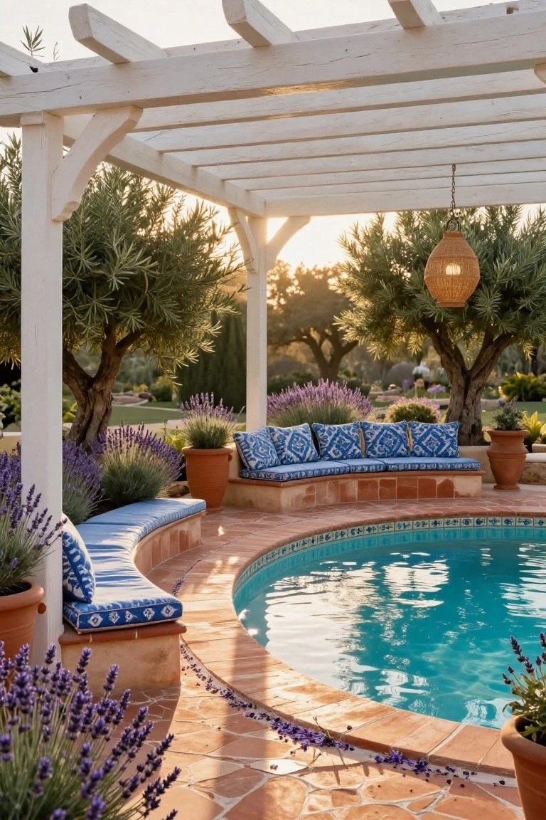 24 Thoughtful Pool Pergola Ideas That Add Style and Shade Curved terracotta bench with blue patterned cushions and pillows under white wooden pergola beside turquoise pool, surrounded by lavender plants, olive trees, and terracotta pots.