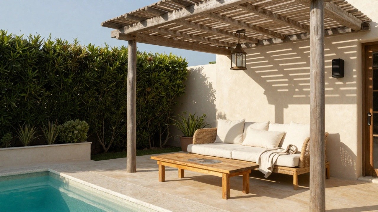Wooden pergola shading a beige rattan sofa with white cushions and throw blanket next to a turquoise pool, with a low wooden coffee table in front and tropical plants and hedges around.