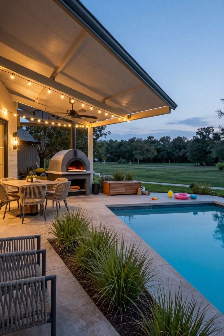 24 Thoughtful Pool Pergola Ideas That Add Style and Shade Covered outdoor pergola with string lights and ceiling fan over a wooden dining table with wicker chairs, next to a concrete pizza oven base and swimming pool with inflatable toys, potted plants and grasses along the edge, golf course in background at dusk.