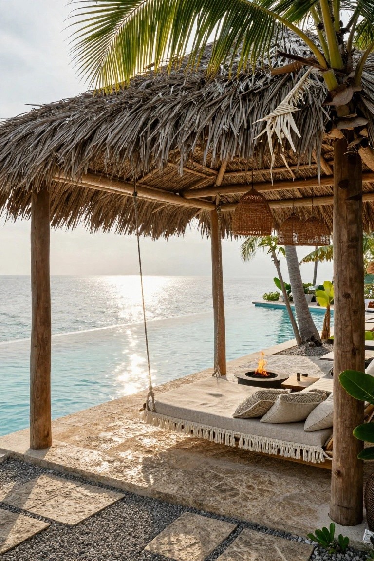 24 Thoughtful Pool Pergola Ideas That Add Style and Shade Thatch-roofed wooden pergola with hanging white bed, pillows, fire pit, and glass on stone deck next to turquoise infinity pool overlooking ocean and palm trees at sunset.