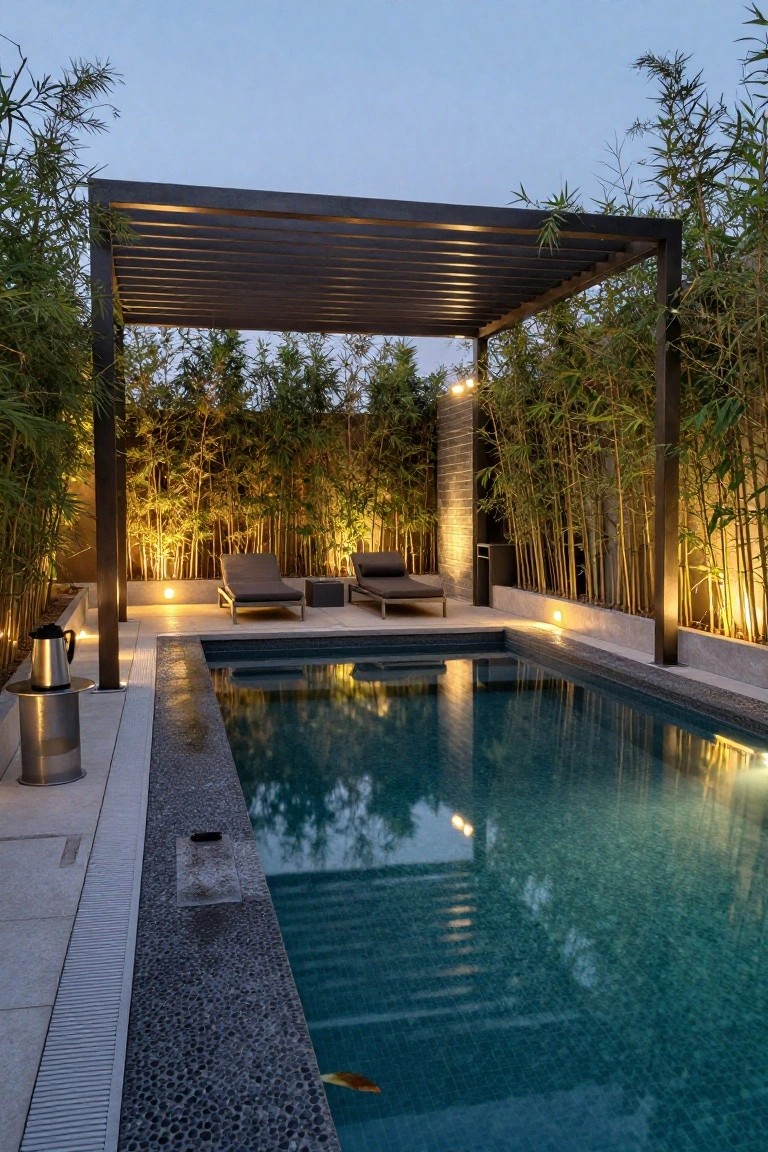 24 Thoughtful Pool Pergola Ideas That Add Style and Shade Black metal pergola shading two gray loungers next to a rectangular turquoise pool edged in black pebbles, with backlit bamboo screening and a metal ice bucket nearby at dusk.