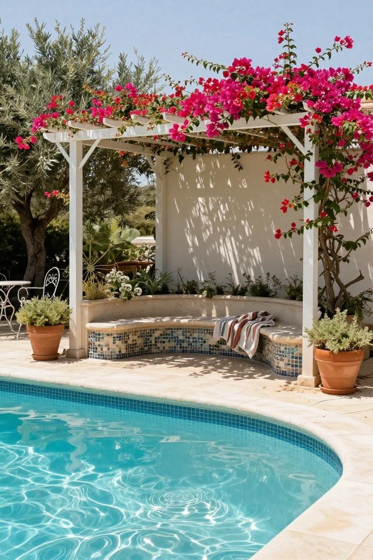 24 Thoughtful Pool Pergola Ideas That Add Style and Shade White pergola covered in pink bougainvillea vines shading a curved mosaic-tiled bench beside a swimming pool, with potted plants, olive trees, and a low wall nearby.