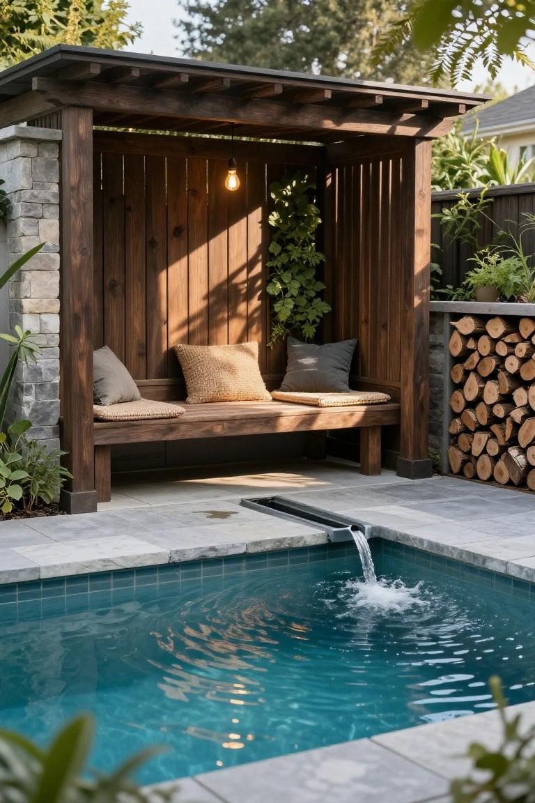 24 Thoughtful Pool Pergola Ideas That Add Style and Shade Wooden pergola sheltering a cushioned bench beside a small turquoise pool with a metal water spout pouring in, on gray stone pavers surrounded by plants and a firewood stack.