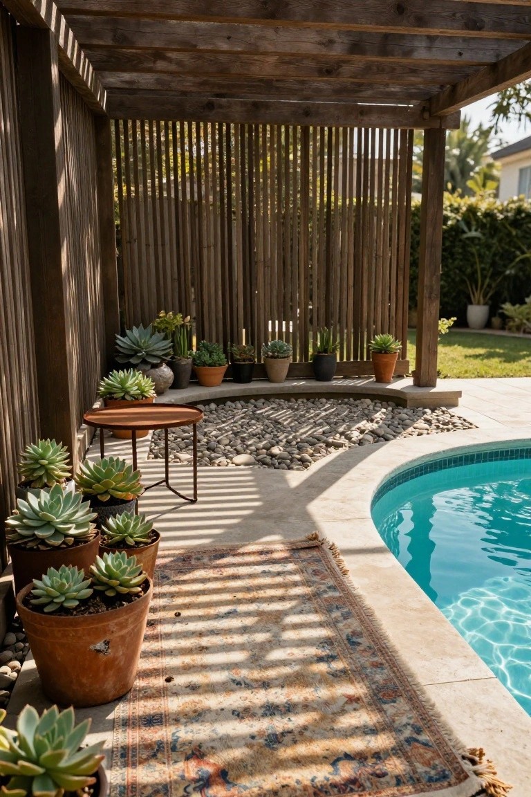 24 Thoughtful Pool Pergola Ideas That Add Style and Shade Wooden pergola with slatted privacy screens over a poolside patio area featuring potted succulents, a round metal table, terracotta pots, and a patterned rug near curved pool edge.