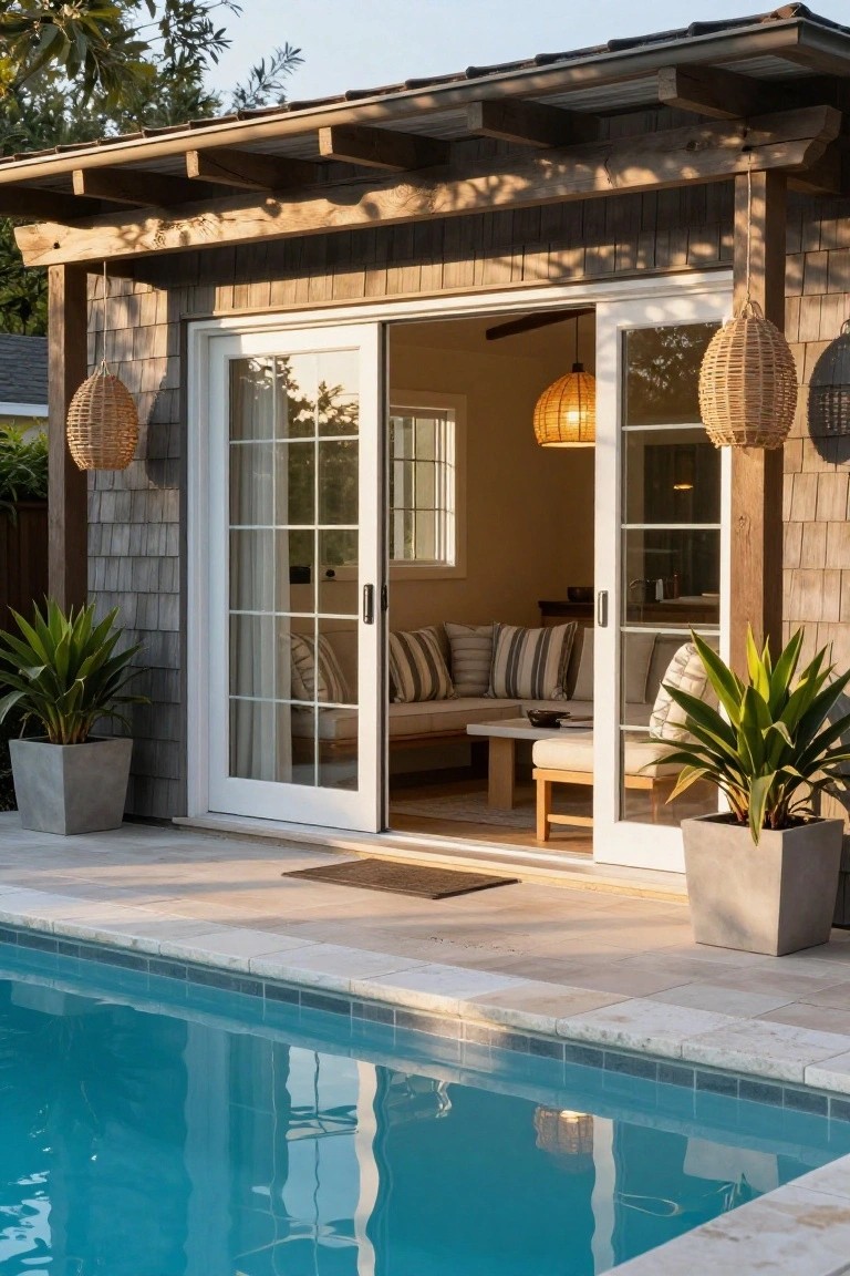24 Thoughtful Pool Pergola Ideas That Add Style and Shade Shingled wooden pool house under pergola roof with open white sliding glass doors showing beige interior lounge, striped cushions, low table, and ottoman, potted agave plants on stone pool deck beside turquoise swimming pool.