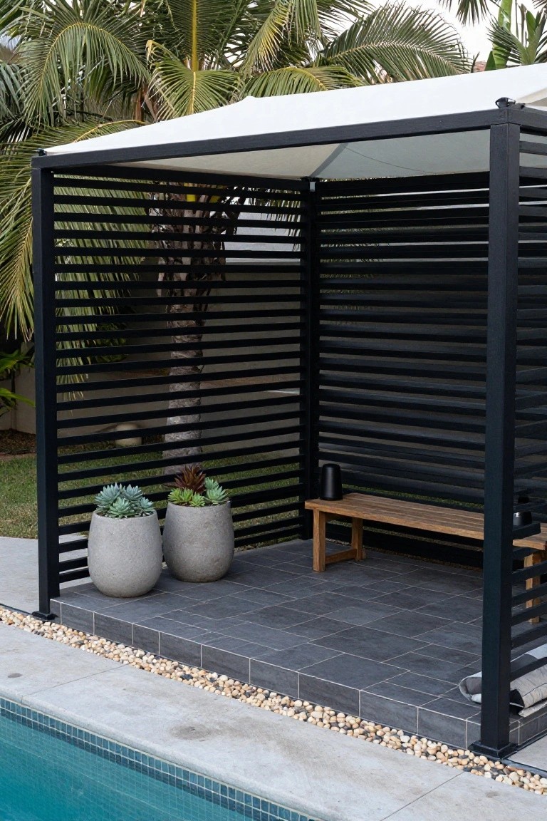 24 Thoughtful Pool Pergola Ideas That Add Style and Shade Slatted Pergola for Poolside Shade