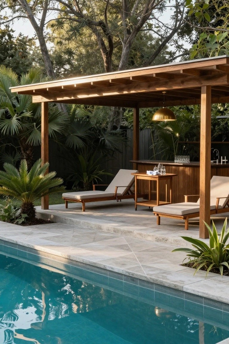 24 Thoughtful Pool Pergola Ideas That Add Style and Shade Wooden pergola with slatted roof over two beige loungers, a wooden side table, and bar counter with glasses next to a turquoise pool edged in stone tiles, surrounded by palm trees and plants.