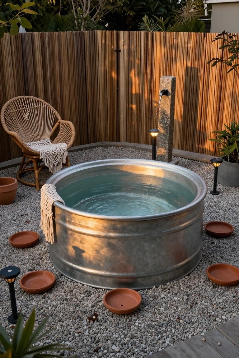 Galvanized stock tank pool filled with water in a gravel-paved outdoor area enclosed by tall bamboo fencing, with potted plants, rattan chair, stone water feature, and solar lights.