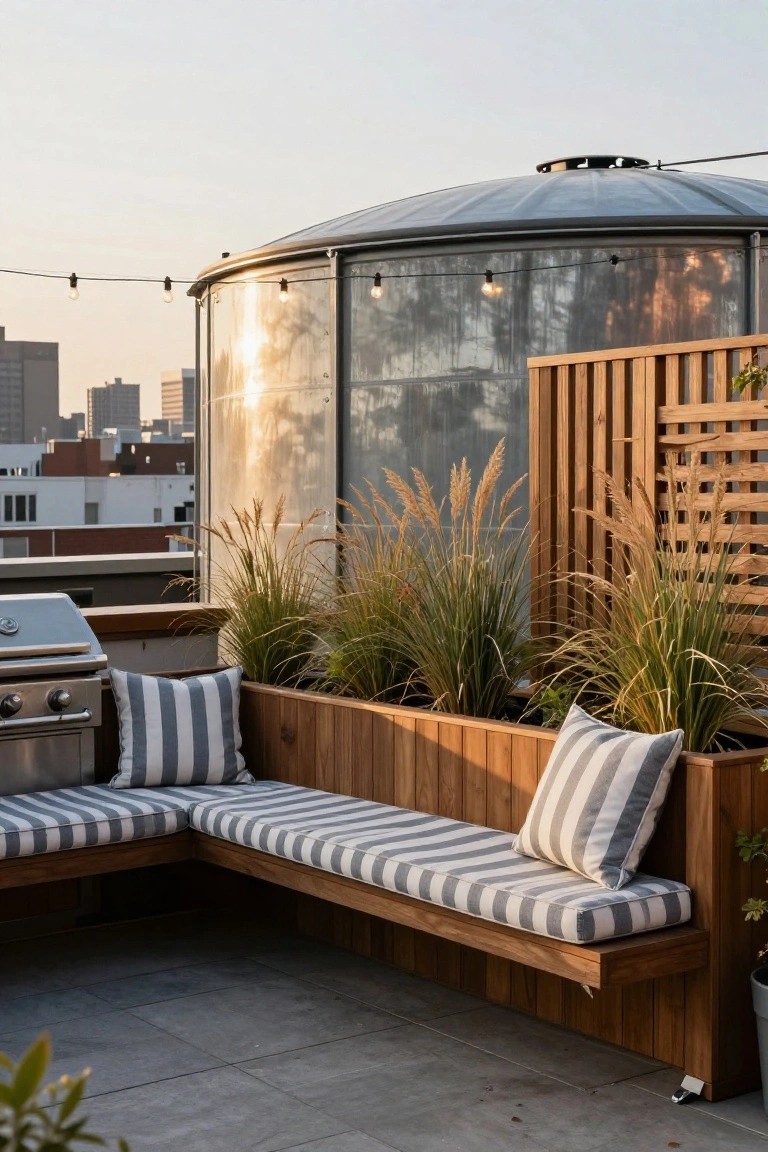 Rooftop deck with a large round galvanized metal tank, wooden L-shaped built-in bench with striped cushions and integrated planters filled with pampas grass, stainless steel BBQ grill, wooden privacy fence, string lights, and city buildings in the background.