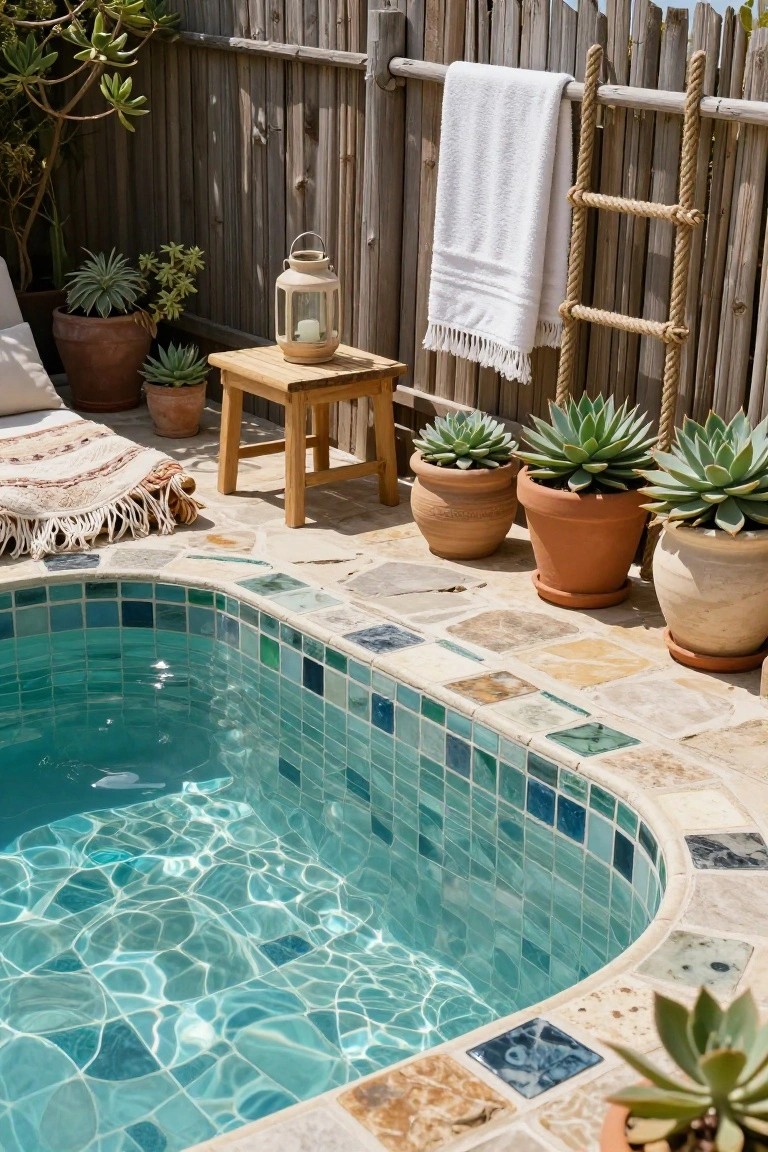 Small curved turquoise mosaic-tiled pool surrounded by irregular stone pavers and deck, with multiple potted succulents, wooden stool holding a lantern, woven blanket on cushions, white towel on rope ladder against bamboo fence.